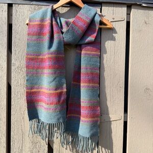 Colorful Striped Scarf Grey Blue, Pink, Red with Fringe. Merino & Cashmere